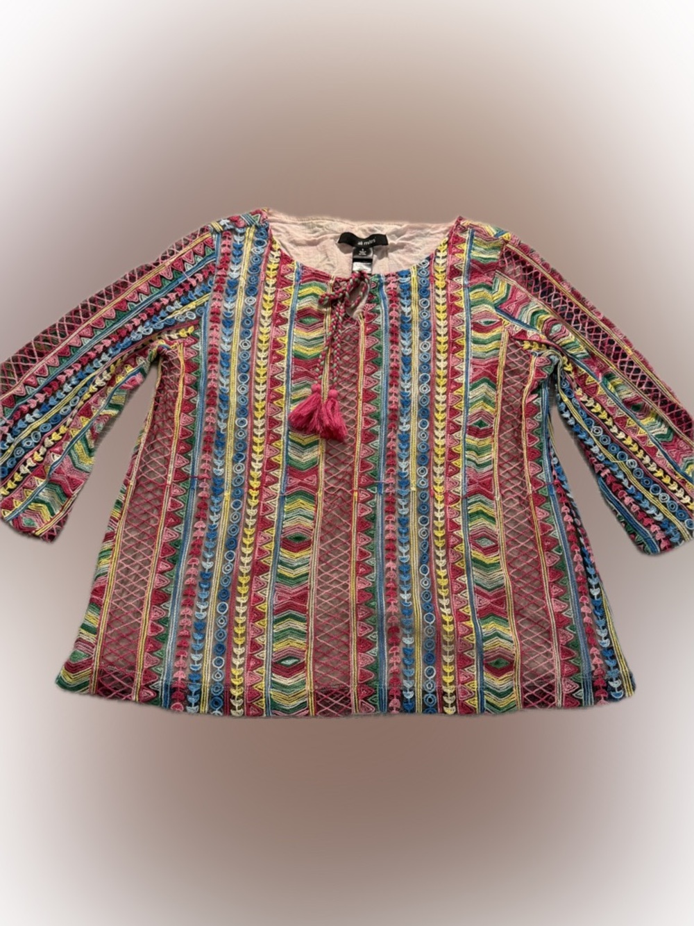 Ali Miles Embroidered Boho Tunic Top Womens Small Colorful Tassel